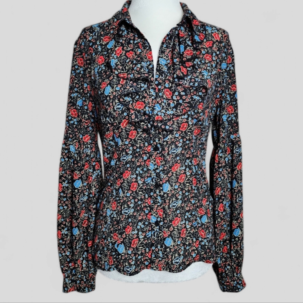 Free People Black Floral Print Poet Style Blouse